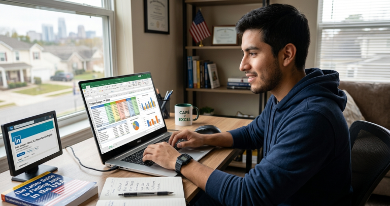 Latino aprendiendo Excel en computadora para conseguir trabajo en USA